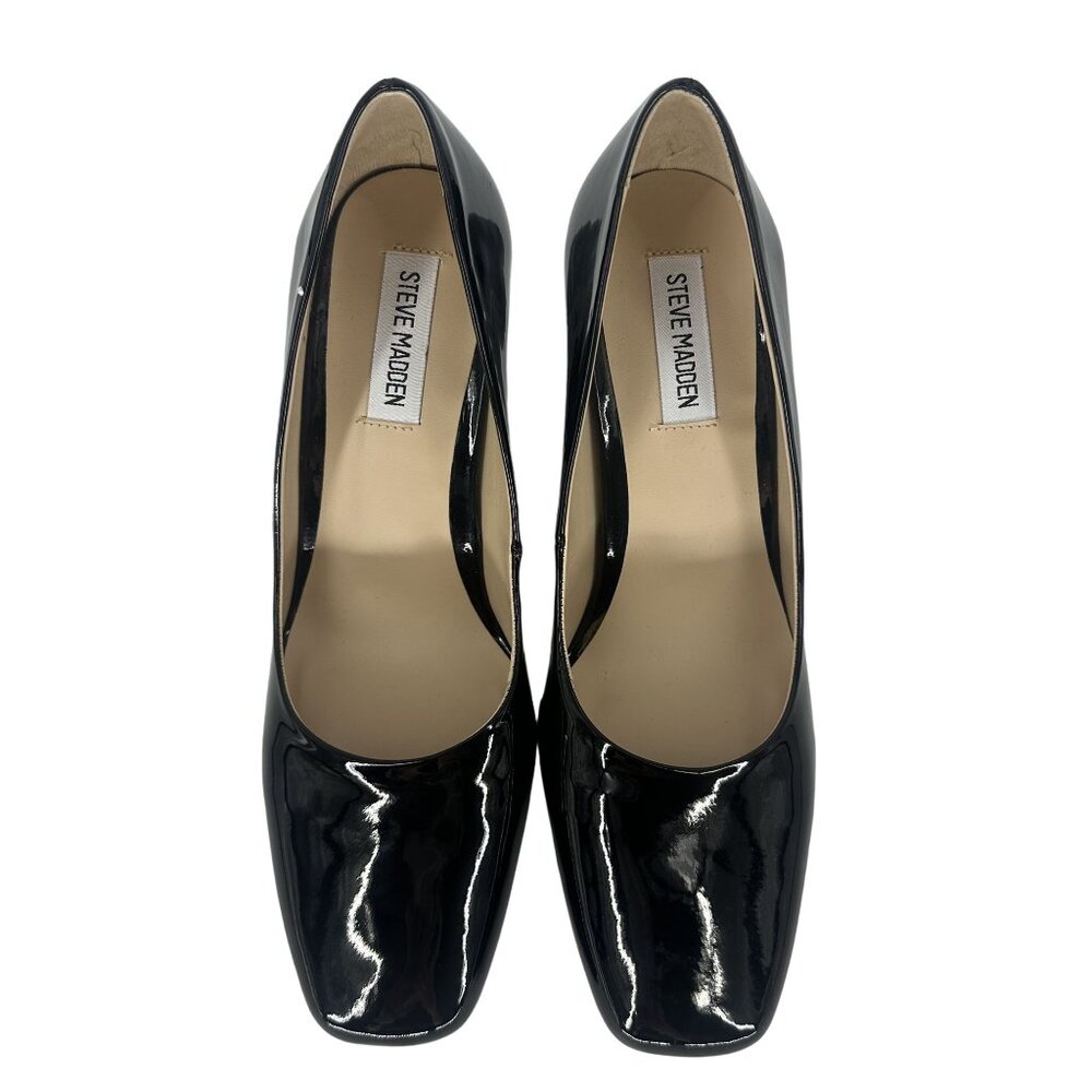 Steve Madden Black Patent Synthetic Leather Square Toe Block Heel Shoe 8.5M - Picture 3 of 7